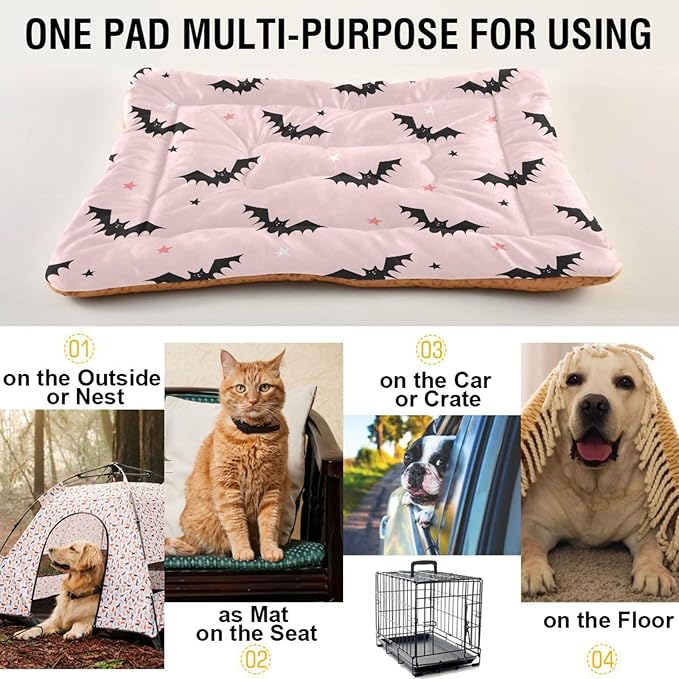 Pet Bed Halloween Bats Pink Dog Bed Mat Absorbing Non Slip Pad Pet Sleeping Mat for Small, Medium, and Large Dogs Puppy Cat 36 in x 24 in