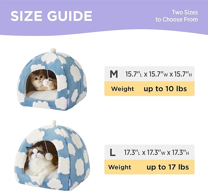 Lesure Cute Cat Beds for Indoor Cats - 2 in 1 Large Cat Cave Bed for Puppy and Small Dog with Removable Washable Cushioned Pillow, Cozy Kitten Tent with Non-Slip Bottom, Blue, 17.3 inches
