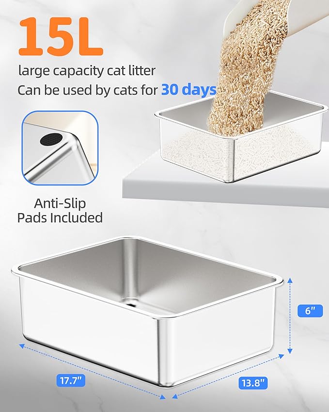 Stainless Steel Litter Box Set- [4-in-1] Cat Litter Box with Litter Scoop, Brush, Cat Wands, Non-Sticky Metal Litter Box for Cat, Kitty, Rabbit, Odorless, Easy Clean (17.7” x 13.8“ x 6”, 1 Pack)