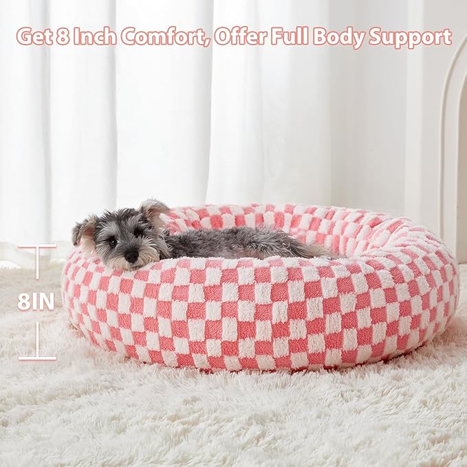 BFPETHOME Donut Dog Beds for Small Dogs, Cute Small Dog Bed for Puppy and Kitten, Round Calming Pet Bed with Non-Slip Bottom, Machine Washable,24inch, Pink