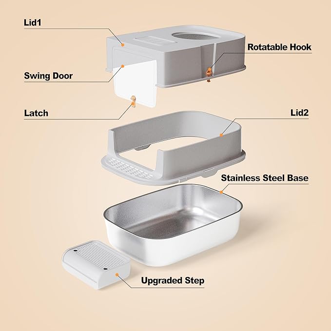 Jalove Stainless Steel Cat Litter Box with Lid, XL Extra Large Metal Litter Box for Big Cat, Covered Enclosed Kitty Litter Boxes, High Sided Enclosure with Scoop & Mat, Easy Cleaning, Light Gray