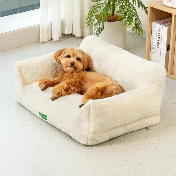 MEWOOFUN Cat Couch Beds for Indoor Cats and Small Dogs, Dog Couch Bed with Non-Slip Bottom & Washable Cover, Fluffy Cat Sofa for Cats and Small Pets (White,26x18x11.5)