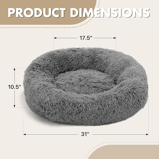 Athena Collection Washable Dog Bed Medium Size Dog, Cat Bed for Indoor Cats, 31 Inches Fluffy Faux Fur Round Pet Bed Calming Cozy Soft Warming Donut for Medium Puppy Kitten, Grey