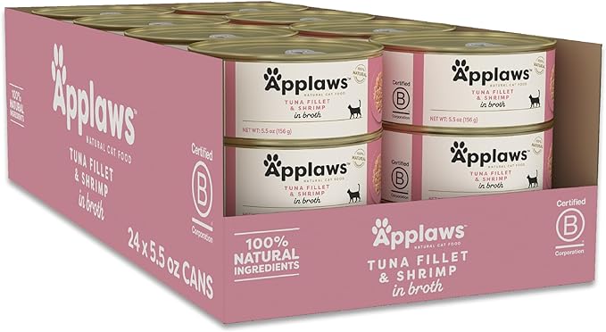 Applaws Natural Wet Cat Food in Broth, Limited Ingredient Canned Wet Cat Food, No Additives, Made with Natural Ingredients, Tuna Fillet & Shrimp in Broth (6 x 5.5oz Cans)