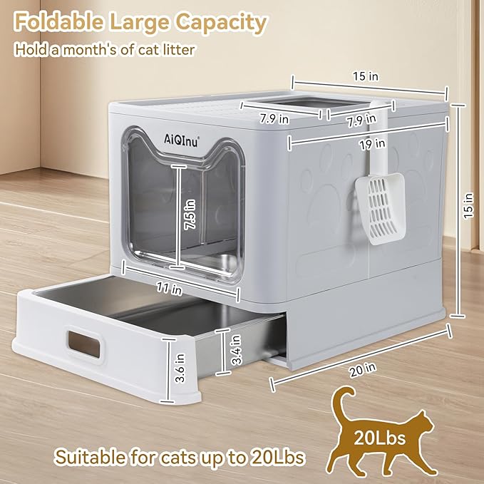 AiQInu Stainless Steel Cat Litter Box wtih Lid and Scoop- Up to 20 LBS, Foldable Large Enclosed Metal Litter Box with High Sided Enclosure for Big Cats - Anti Leakage No Smell, Easy Cleaning