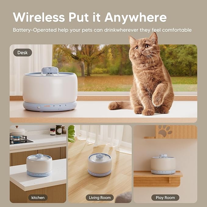 WOPET Wireless Cat Water Fountain, 3L/101oz W03 Stylish Ceramic Pet Water Fountain, 5000 mAh Battery Operated Cat Water Dispenser for Cats & Dogs, Ultra-Quiet, Easy to Clean and Assemble White Blue