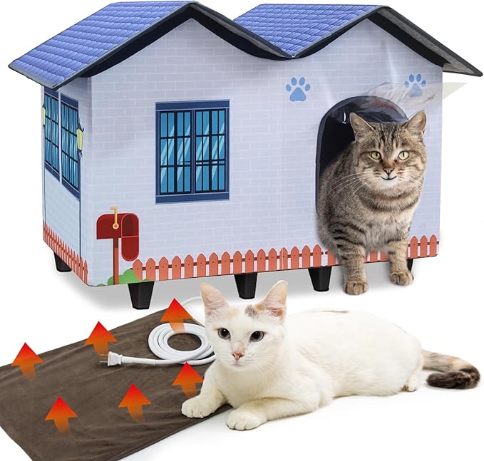 Heated Cat Houses for Indoor/Outdoor Cats with Large Elevated Heated Cat Bed Providing Safe Feral Cats, Easy to Assemble