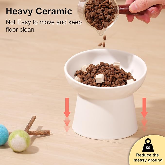YauYik Small Raised Cat Bowls, Ceramic Tilted Elevated Food or Water Bowls, Stress Free, Backflow Prevention, Dishwasher & Microwave Safe, Lead & Cadmium Free, White