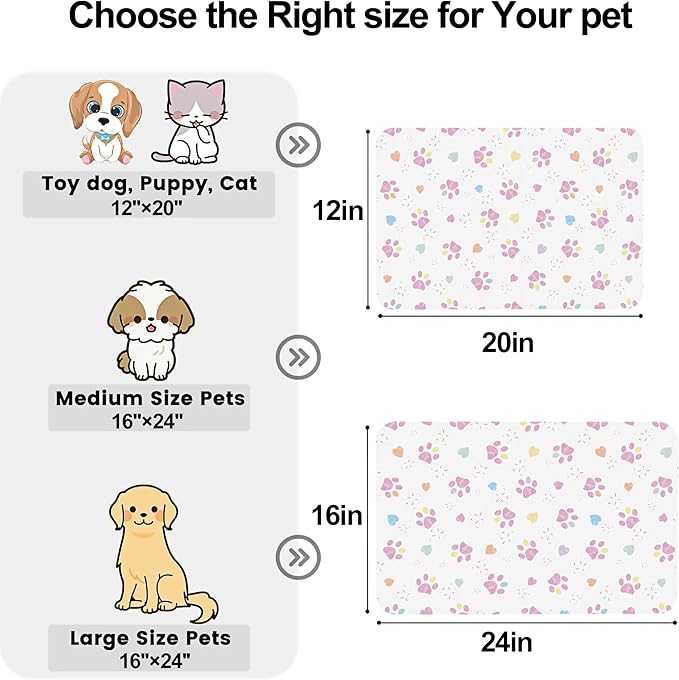 Pink Dog Paw Pet Feeding Mat for Floors-Absorbent Dog Bowl Mat for Food and Water, Quick Dry Pet Cat Feeding Mats with Non Slip Bottom, Mess-Free Dog Accessories 16"x24"