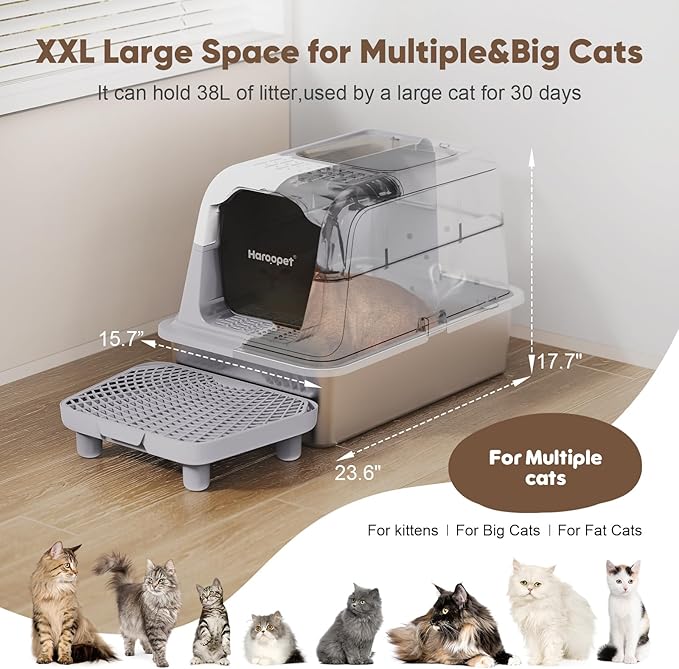 Stainless Steel Litter Box with Lid,XXL Extra Large Enclosed Metal Litter Box for Big Cat, Removable Front Entry Top Exit Kitty, with High Sided Enclosure & Scoop, Footboard(Grey)