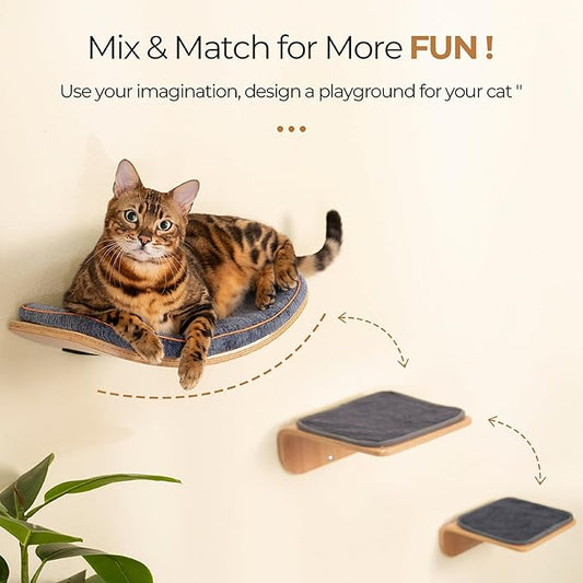 Cat Wall Shelves,Cat Wall Steps and Perch,Stairs,Ladders,Nest,Bed,Modern Wooden Floating Climbing Furniture for Hopping and Sleeping,with Scratching Cushion (4 Steps)