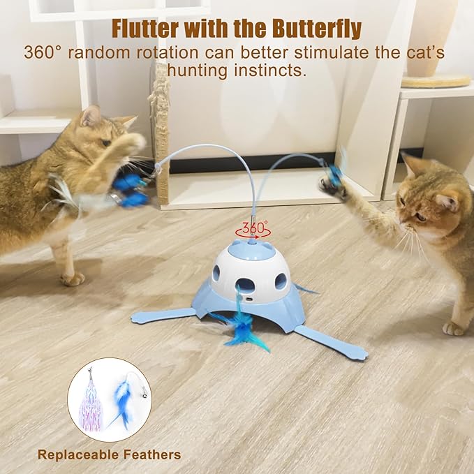 3-in-1 Automatic Cat Toys for Indoor Cats, Fluttering Butterfly, Whack a Mole, Rotating Feather Wand, USB Rechargeable Interactive Feather Toys for Multi-cat Family (Blue)