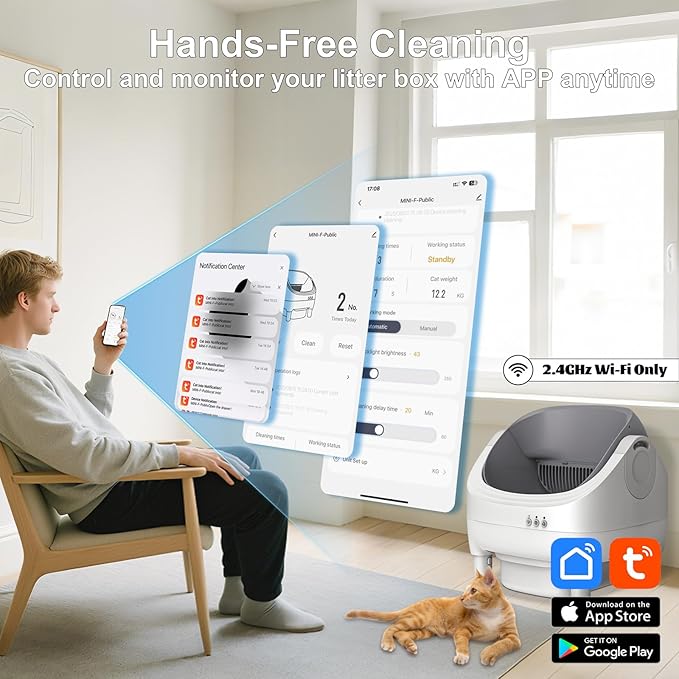 Himix Self Cleaning Litter Box, Large Open-top Automatic Cat Litter Box for Multiple Cats with APP Control, Safety Sensor and Odor Control, Includes 60 Pcs Trash Bags