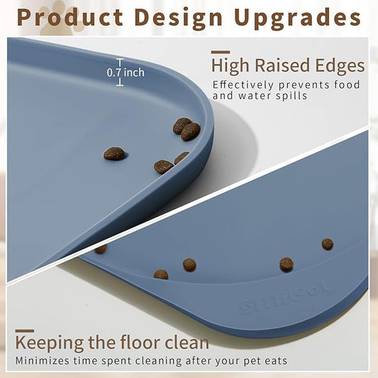 Silicone Pet Feeding Mat with Raised Edge & Residue Collection Pocket for Food and Water, Dog Bowl Mats, Cat Bowls Placemat with High Lip for Floor Waterproof, 19 x 12 x 0.7 Slate Blue