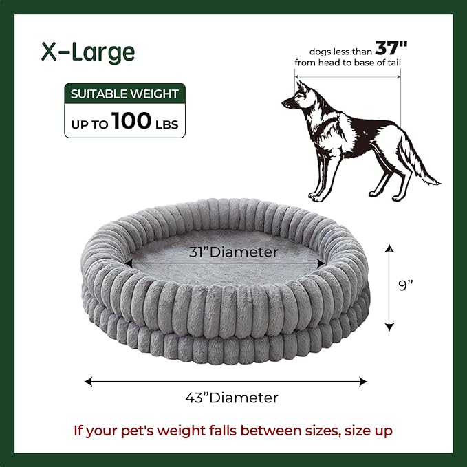 BALANCE Luxury Donut Dog Bed, 43 Inches Round Dog Beds Large Sized Dogs Washable, Orthopedic Calming Dogs Bed for Pets with Anti-Slip Bottom, Gray