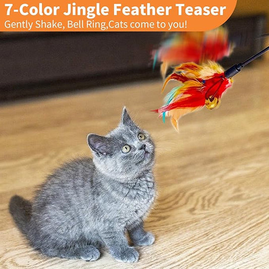 Cat Feather Toys, Cat Toy with Elastic Turkey Feathers, Interactive Teaser Wand with Bell, Durable Flexible Rod for Playful Kittens and Cats, Indoor Entertainment for Pets (1.35")