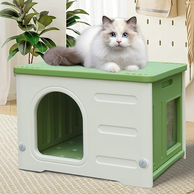 Plastic Cat House for Outdoor Indoor Use, Feral Cat Shelter Indoor Stackable Cat House Insulated Weatherproof Waterproof -Green