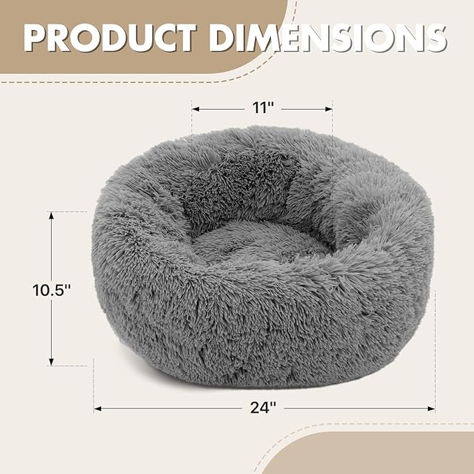Athena Collection Washable Small Dog Bed, Cat Bed for Indoor Cats, 24 Inches Fluffy Faux Fur Round Pet Bed Calming Cozy Soft Warming Donut for Small Dog Puppy Kitten, Grey