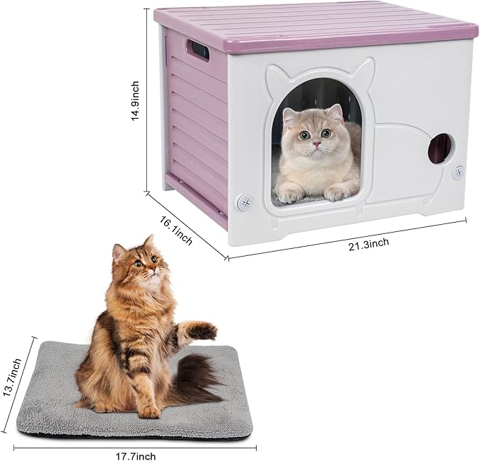 Plastic Cat House for Indoor Outdoor, Weatherproof Outside Cat House for Feral Cat, Stackable Cat Shelter with Plush Cushion (Pink)