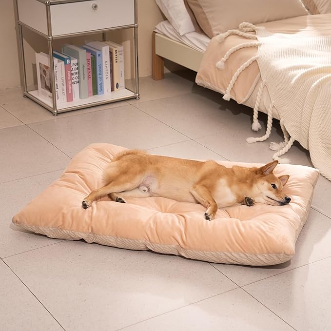 FUNNY FUZZY 2 in 1 Dog Bed Crate Pad Mat, Washable Reversible Pet Floor Mats,Fluffy Kennel Pad for Small Large Sized Dog,Indoor Cats,Sleeping Mattress, 41.7" × 28.3", Beige