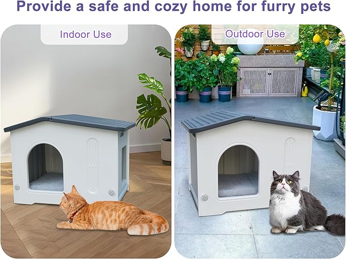 Plastic Cat House Weatherproof for Outdoor Indoor Use, Feral Cat House with Escape Door and Soft Mat, Outside Cat Shelter for Small Pet, Spacious, Assemble Easily - Grey