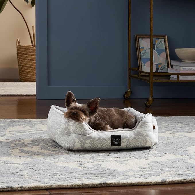 Nicole Miller New York PET Mod Damask Plushy Bolster Pet Bed, Cozy & Calming, Non-Slip Bottom, Machine Washable Cover, Taupe, Extra Small 19"x15"x6"