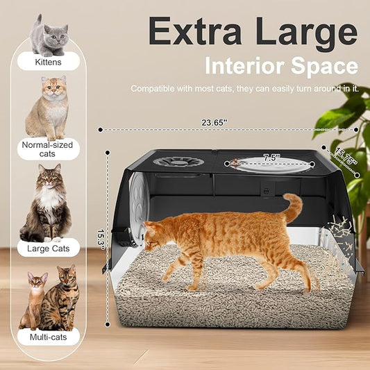 Stainless Steel Cat Litter Box with Lid, XL Extra Large Kitty Litter Box, Enclosed Top Entry Metal Litterbox for Big Cat, Easy Cleaning, Anti-Leakage & High Sided with Mat, Aisle & Scoop Black