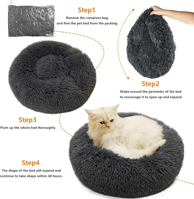 Cat Beds for Indoor Cats Dog Beds for Medium Dogs Round Pet Bed for Puppy and Kitten with Slip-Resistant Bottom Plush Donut Cat Bed, Dark Grey