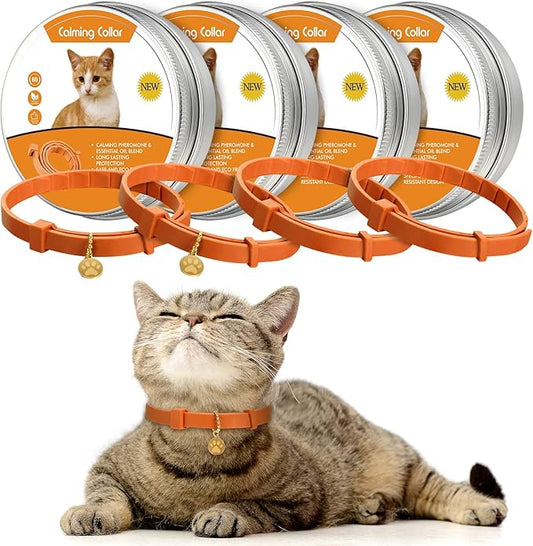 4 Pcs Cat Calming Collar Adjustable Lavender Scent Relaxing Cat Collar with 2 Pendant for Puppies Reduce Stress Aggression Anxious, up to 15 Inches(Orange)