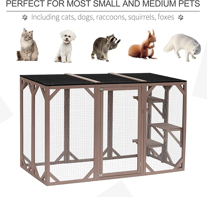 PawHut Outdoor Cat House, Catio Wooden Feral Cat Shelter, Cat Cage with Platforms, Large Enter Door, Weather Protection Asphalt Roof, 71" L, Brown