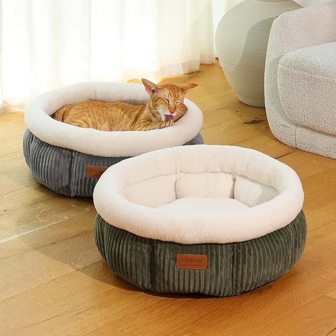 FUKUMARU Cat Bed, Washable Round Cat Beds for Indoor Cats, Soft Fluffy Pet Bed for Cats and Puppy, Corduroy Cute Small Dog Beds, Green
