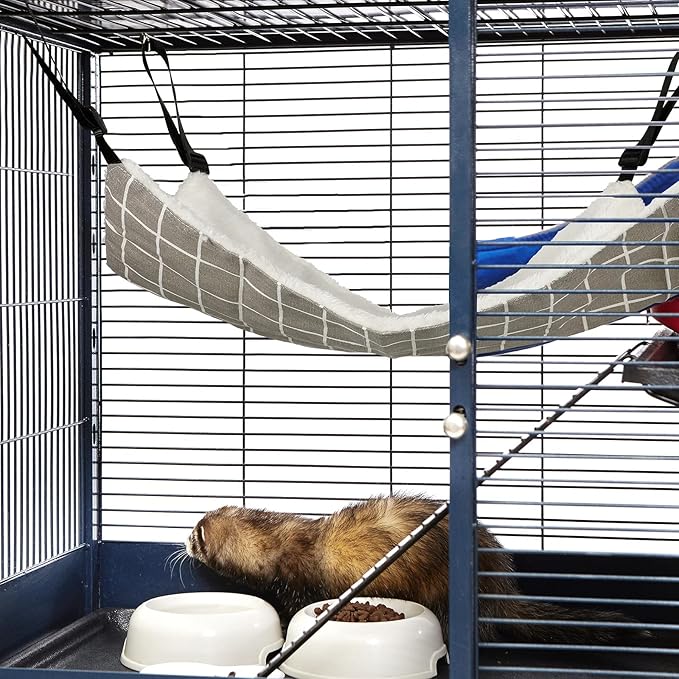 2 Pieces Reversible Cat Hanging Hammock Soft Breathable Pet Cage Hammock with Adjustable Straps and Metal Hooks Double Sided Hanging Bed for Small Dogs Rabbits(Cat and Plaid,S)