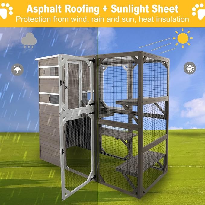 Large Outdoor Catio Enclosures - Wooden Cat House Weatherproof with Multi Platforms & Weather Resistant Roof, Indoor Interoperability - 71" H 77" L