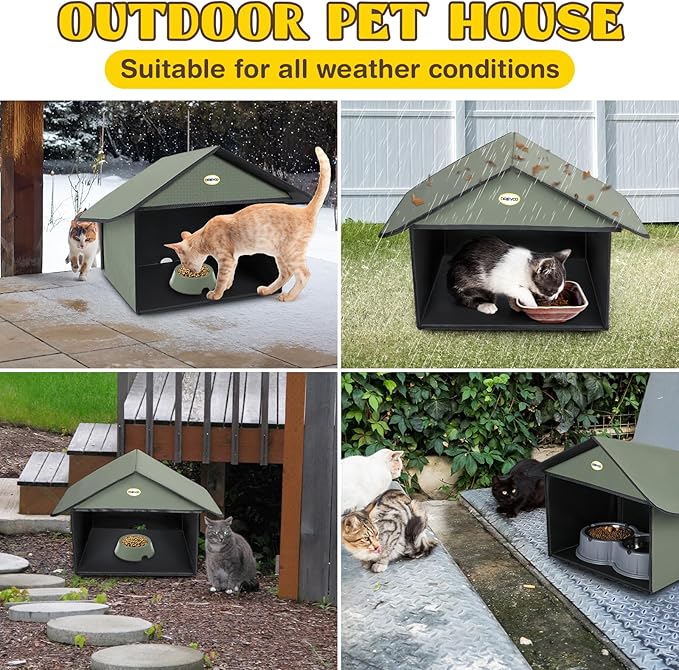 Dreyoo Cat Houses & Condos Outdoor Cat Feeding Station for Food & Water, Weatherproof Outdoor Kitty Dining Room Cats Shelter for Stray, Feral and Community Cats, 13”d x 17”w x 15.5'h(Dark Green)