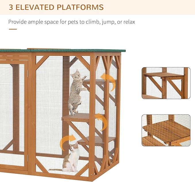 PawHut Outdoor Cat House, Catio Wooden Feral Cat Shelter, Cat Cage with Platforms, Large Enter Door, Weather Protection Asphalt Roof, 71" L, Orange