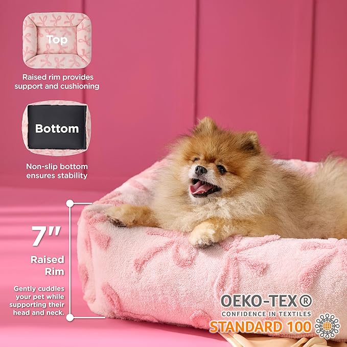 Lesure Cute Dog Bed for Small Dogs - Washable Puppy Beds,Cozy Rectangle Orthopedic Pet Sofa with Jacquard Shaggy Plush & Anti Slip Bottom,25x21x7inches