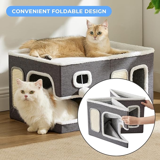 Extra-Wide Cat House for Indoor Cats - Large Cat House for Pet with Fluffy Ball Hanging and Scratch Pad, Foldable Cat Hideaway for Multi Cats, 23x16.5x13 inches, Navy