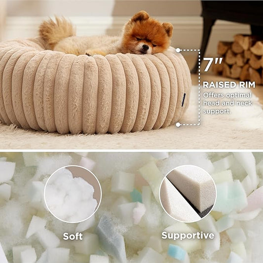 Bedsure Donut Small Dog Bed - Dog Beds for Small Dogs with Corduroy Fleece & Anti Slip Bottom, Round Faux Fur Pet Beds with Washable Removable Cover, Sandy Tan, 23x23x7 inches