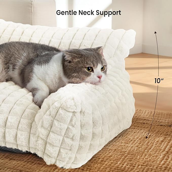 Cute Cat Couch Bed – Supportive & Fluffy Pet Sofa with Faux Rabbit Fur Washable Cover in 3D Diamond Pattern, 24" Off White