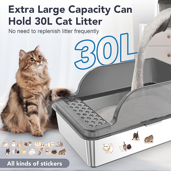 UPSKY Stainless Steel Cat Litter Box with Lid, XL Large Metal Litter Box for Large Breeds, Enclosed Kitty Litter Pan with High Sides, Leak-Proof & Non-Stick, Easy to Clean, Scoop and Mat Included