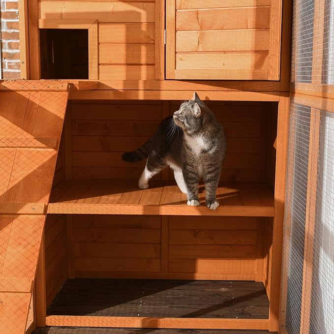 PawHut Catio Outdoor Cat Enclosure, Wooden Cat Patio with Platforms, Waterproof Asphalt Roof, Ramps, 77" L, Natural