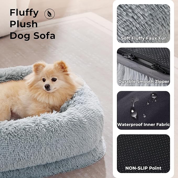 Calming Dog Beds for Large Sized Dogs - Orthopedic Fluffy Pet Bed, Donut Waterproof Pet Sofa with Washable Removable Cover, Supportive Egg Foam and Nonskid Bottom, Grey