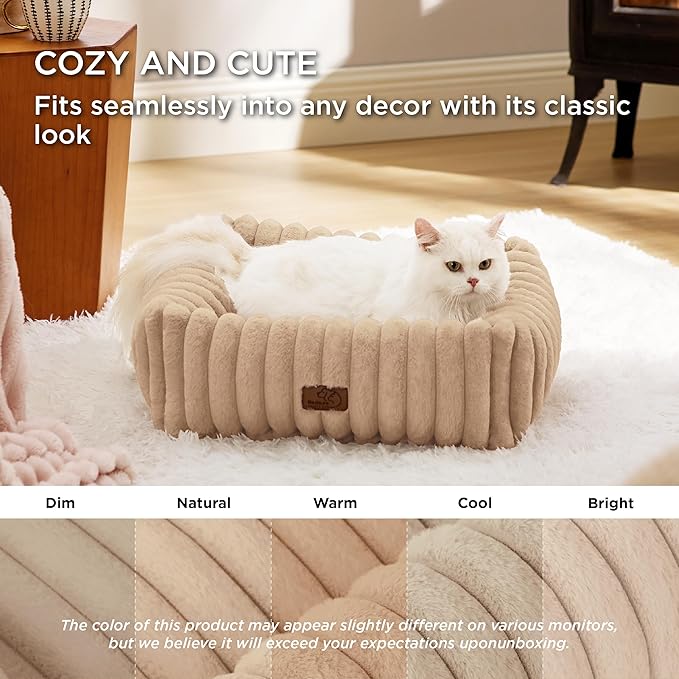 Bedsure Cute Dog Bed for Small Dogs & Cats - Washable Furry Puppy Beds, Rectangle Orthopedic Corduroy Fleece Pet Beds with Removable Zipper Cover, 20x19x6inches, Sandy Tan