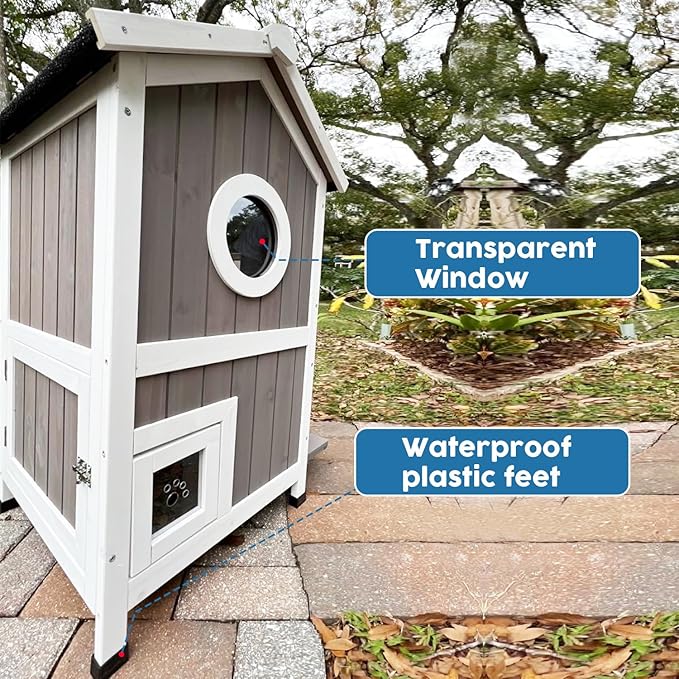 Cat House for Outdoor Cats Outdoor Cat House Weatherproof, 2 Story Feral Cat Shelter for Winter, Wooden Kitty House Home Enclosure Outside with Waterproof Roof