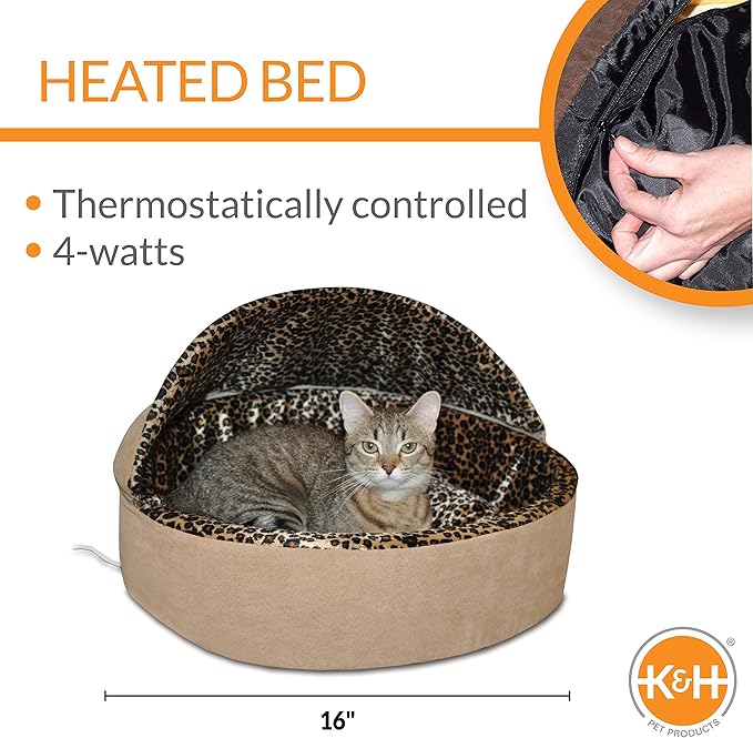 K&H Pet Products Thermo-Kitty Bed Deluxe Heated Cat Bed for Smaller Kitties - Indoor Heated Pet Bed for Dogs & Cats, Covered Cave Pet Tent, Machine Washable, Safety Listed - Small 16in Tan/Leopard
