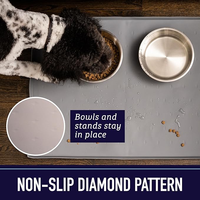Leash Boss Dog Food Mat for Food and Water Bowls, Waterproof Silicone Pet Feeding Mat for Floors, Extra Tall Raised Edges, Cat and Dog Placemat for Floors, Dishwasher Safe (XXL: 30" x 22" - Navy)
