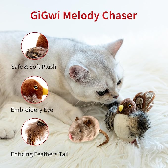 PETGEEK Gigwi Chirping Bird Cat Toy, Fake Simulated Toys for Indoor Cats, Melody Chaser Toys with Hanging Loop for Bored Indoor Adult Cats Kittens Interactive Play (Bird Mouse Set)