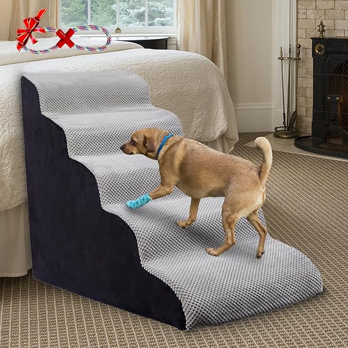 Dog Steps for Bed 24.4" High, Curved 5-Step Dog Stairs for Small Medium Dogs, PetDog Steps for Beds/Couch 22-26 in, Non-Slip Dogs Ramp with 35D High-Density Foam, Grey