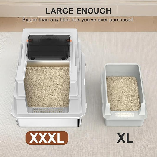 Extra Large Enclosed Stainless Steel Cat Litter Box with Lid - XXXL Giant Metal Enclosed High Sides Litter Boxs for Multi-Cat Households and Overweight Cats - Black