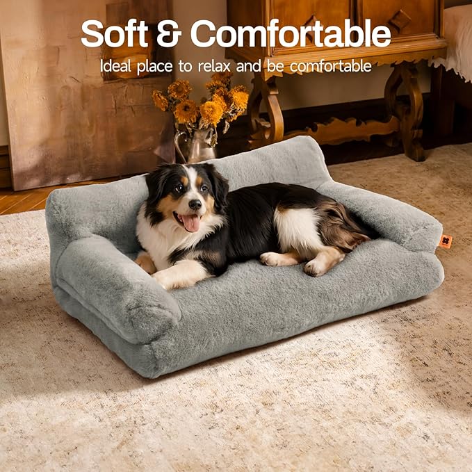 MEWOOFUN Cat Bed for Indoor Cats, Washable Dog Beds for Small Medium Dogs & Cats, Fluffy Cat Couch with Non-Slip Bottom (Grey, 33.5" L x 25.6" W x 11.5" Th)